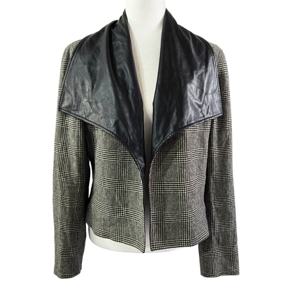 Lauren Ralph Lauren Wool Blend Faux Leather Collar Plaid Mixed Media Jacket
